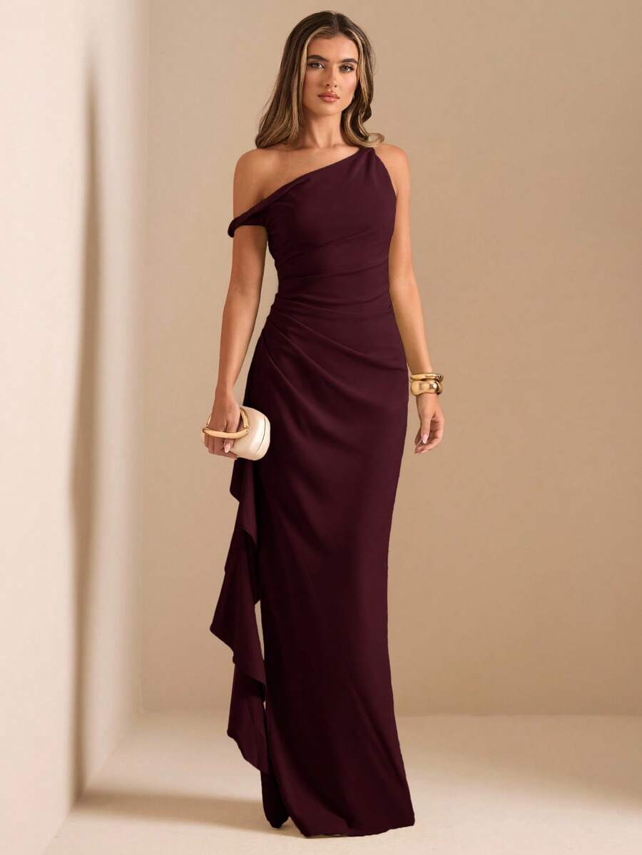 ROUELLE - One Shoulder Ruched Maxi Dress Maroon