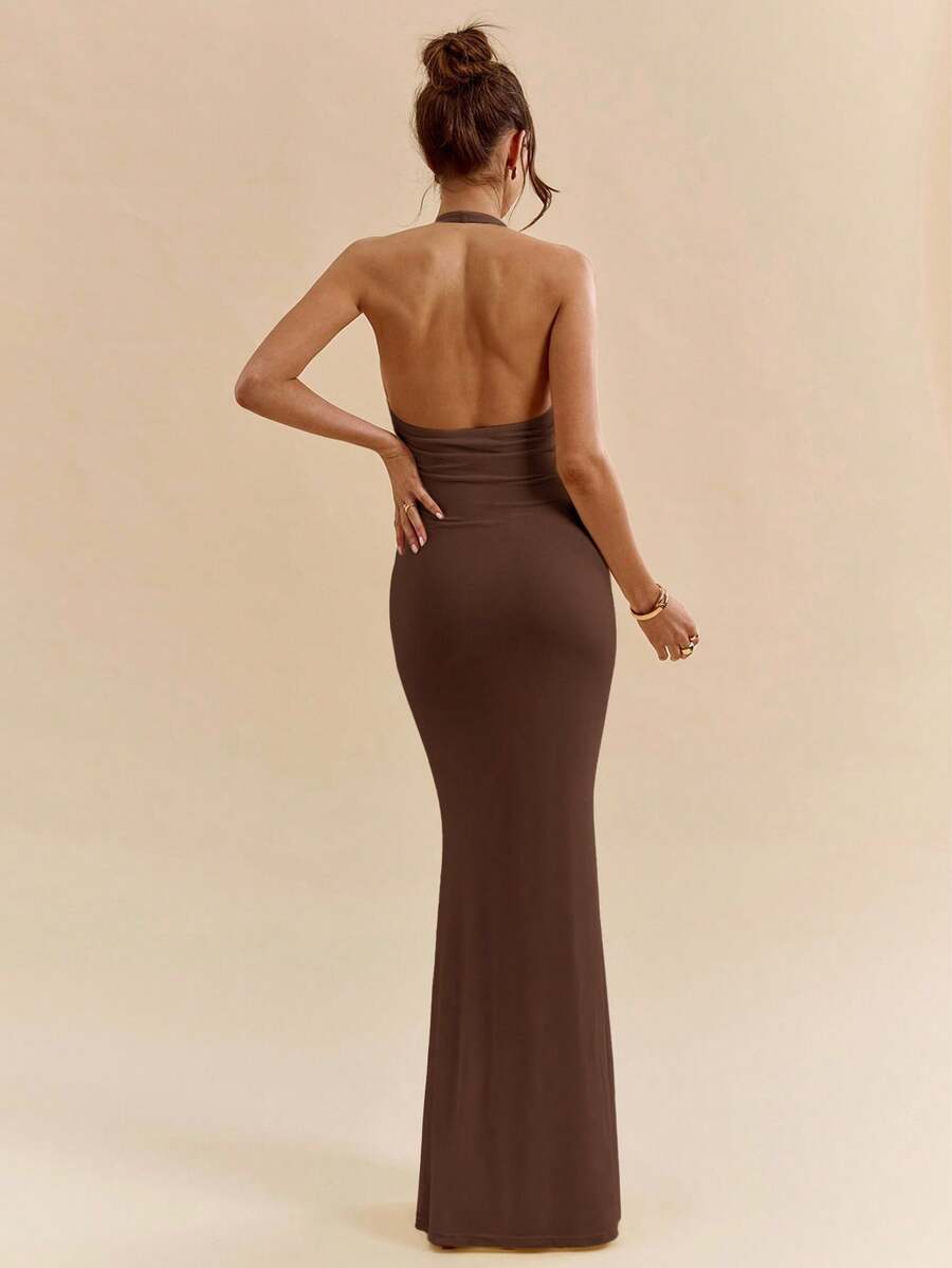 LUMÉA - Deep V Neck Halter Bodycon Maxi Dress
