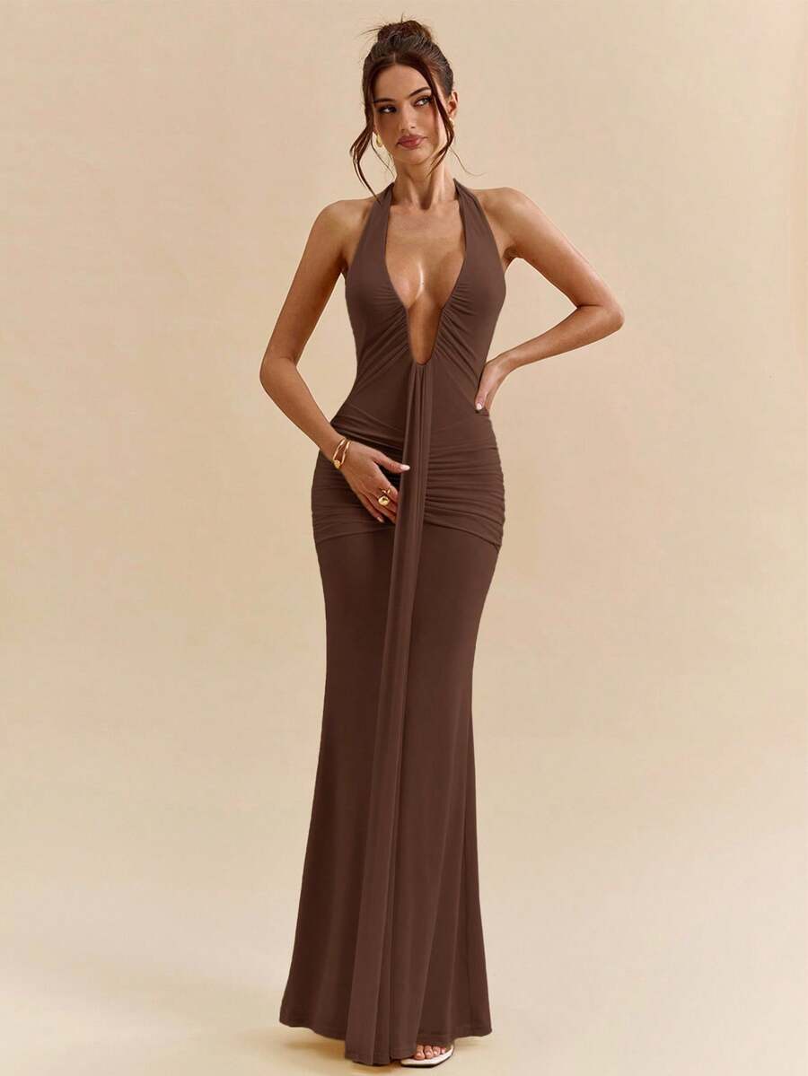 LUMÉA - Deep V Neck Halter Bodycon Maxi Dress