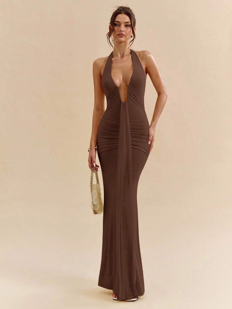 LUMÉA - Deep V Neck Halter Bodycon Maxi Dress