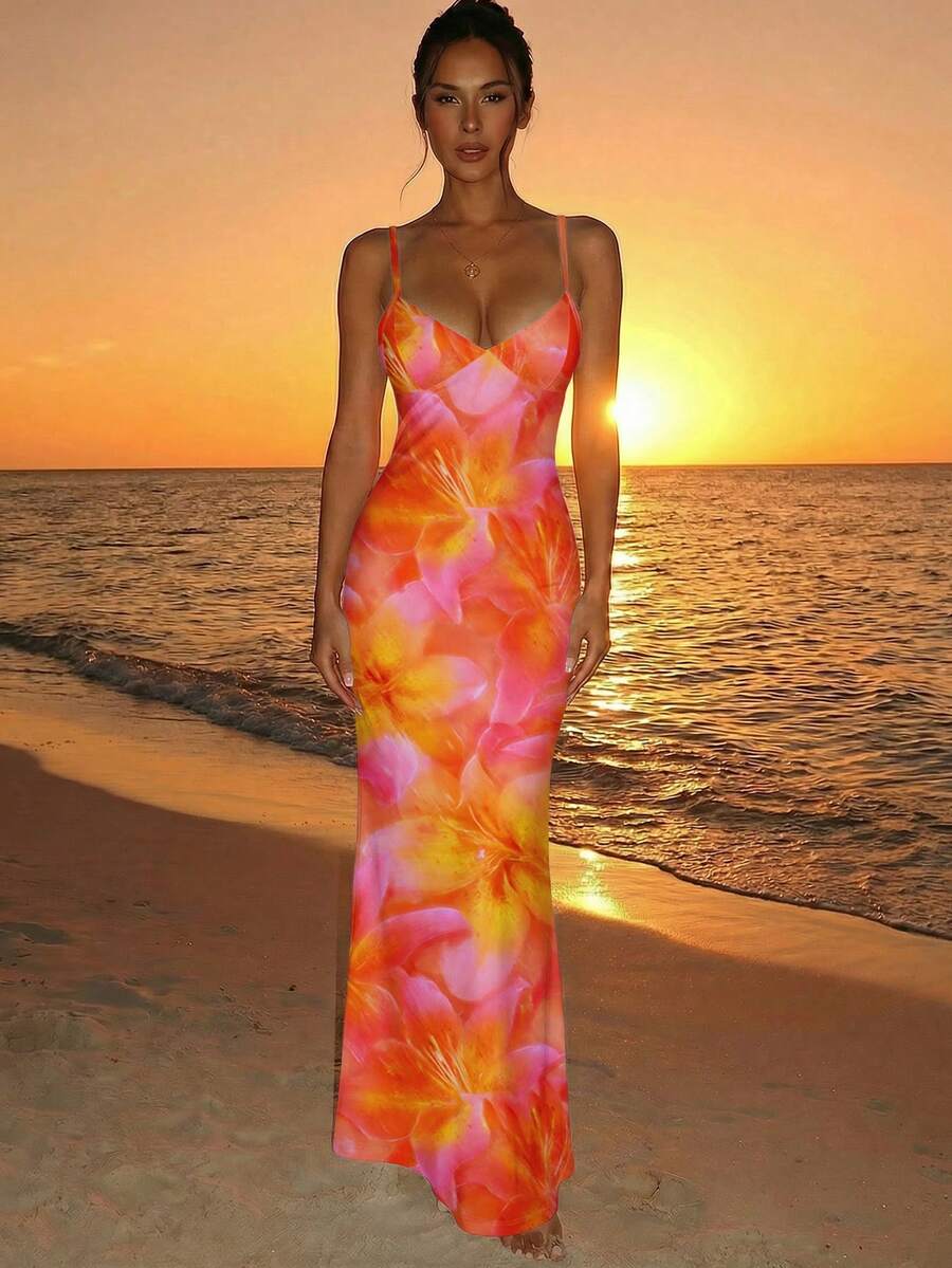 SOLARA - Floral Bodycon Maxi Dress Orange_3