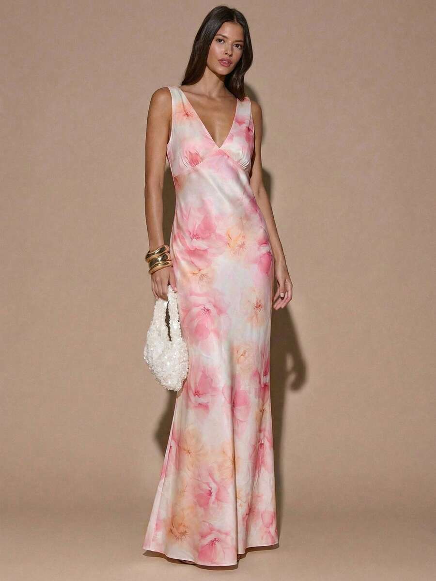VELOURA - Backless Deep V-Neck Mermaid Maxi Dress Pink