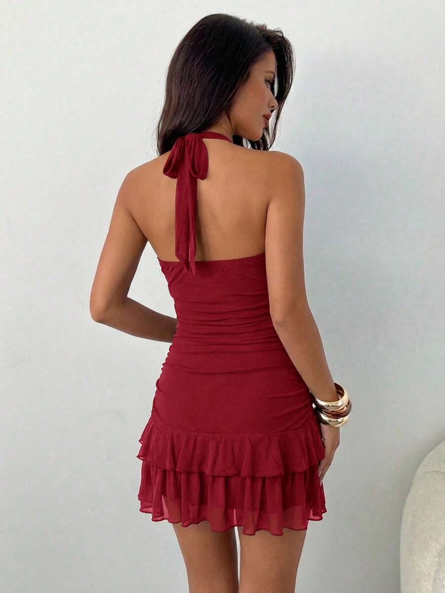 Rivelle - Halter Neck Ruffle Hem Mini Dress
