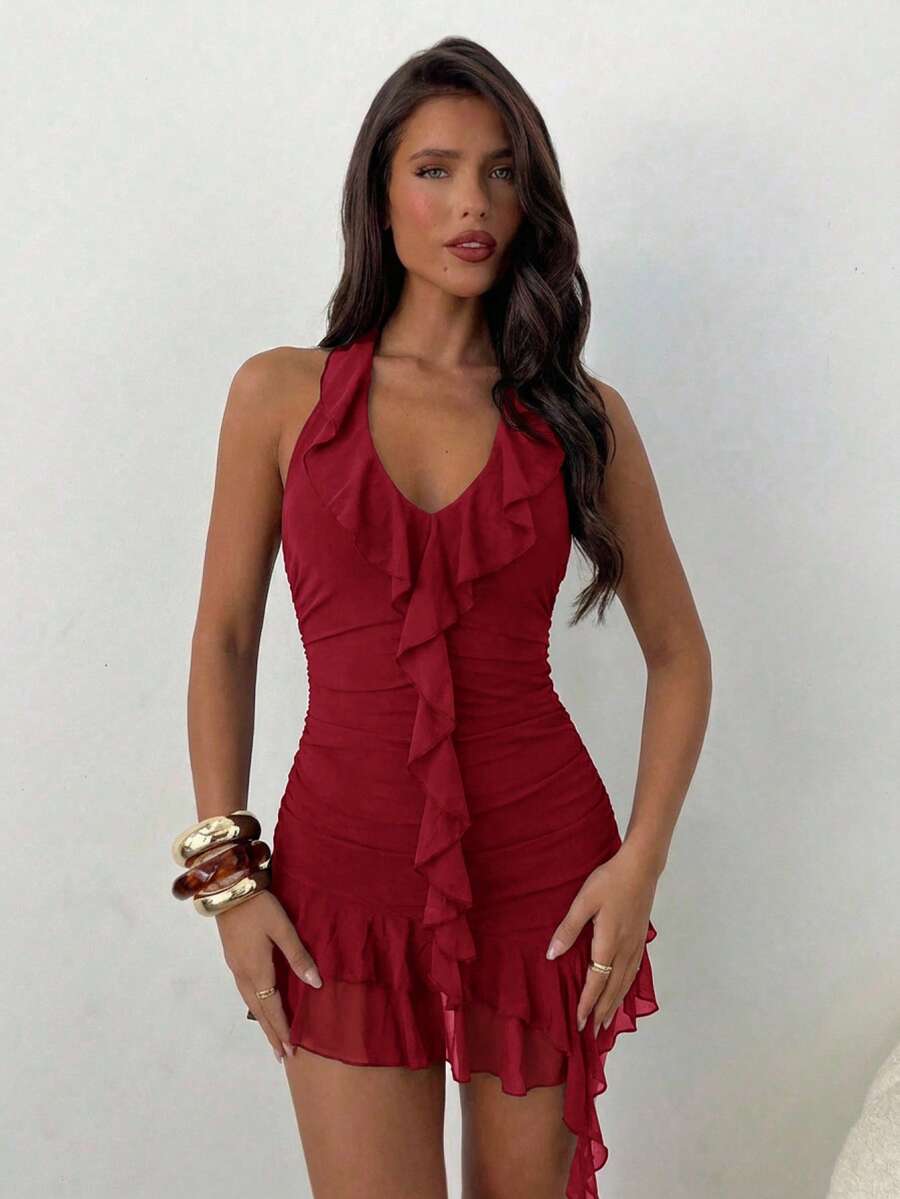 Rivelle - Halter Neck Ruffle Hem Mini Dress