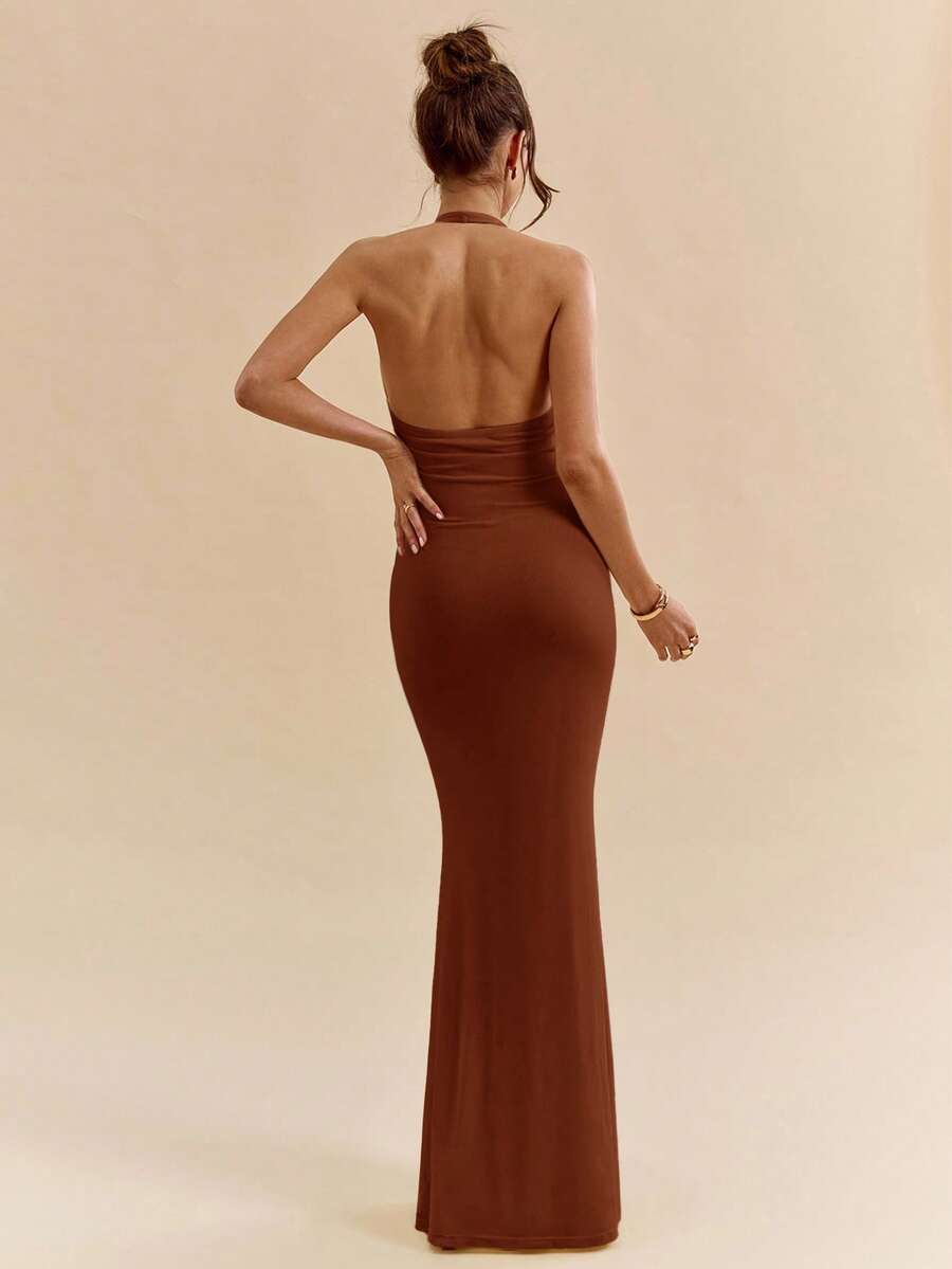 LUMÉA - Deep V Neck Halter Bodycon Maxi Dress