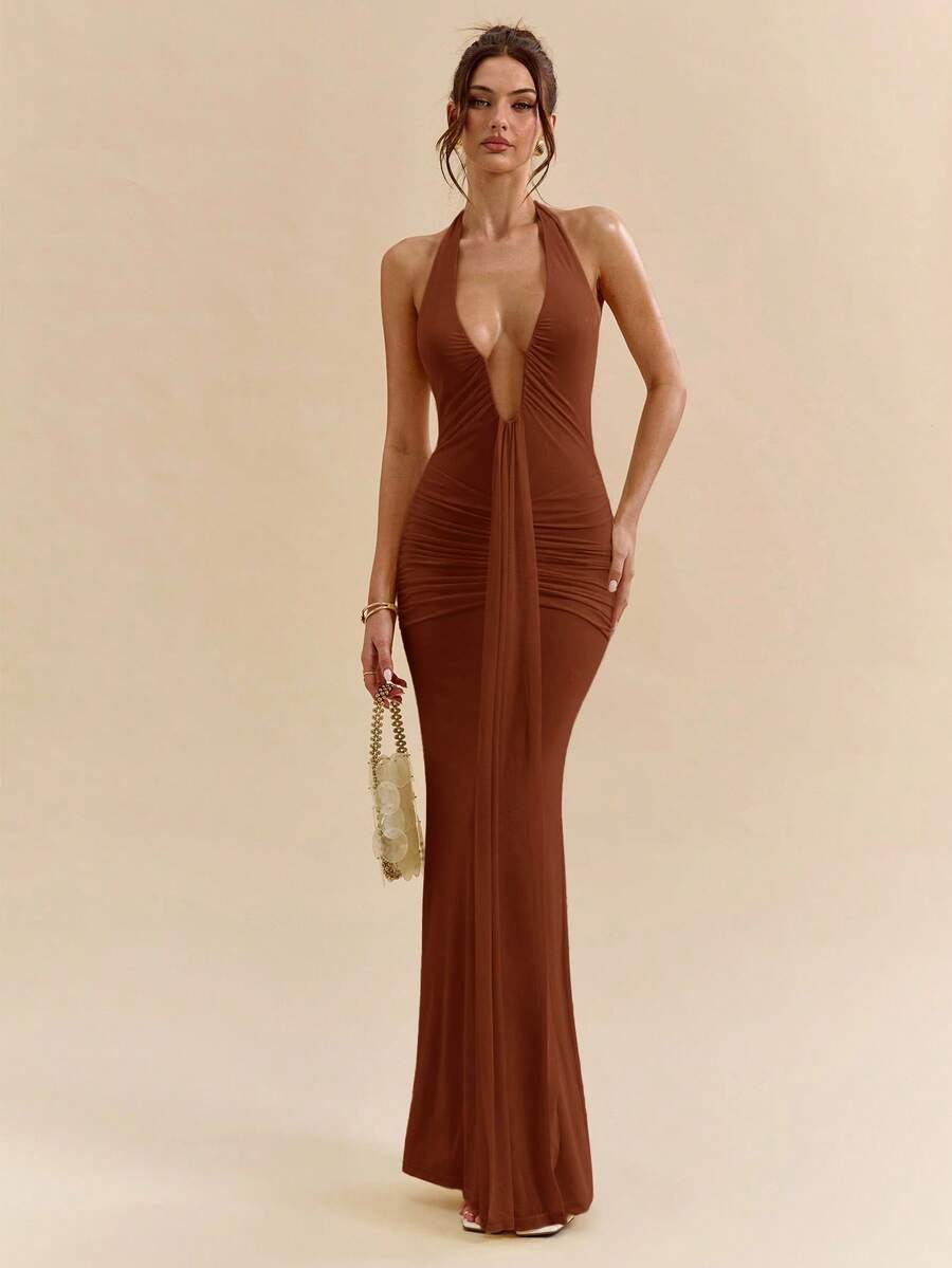 LUMÉA - Deep V Neck Halter Bodycon Maxi Dress