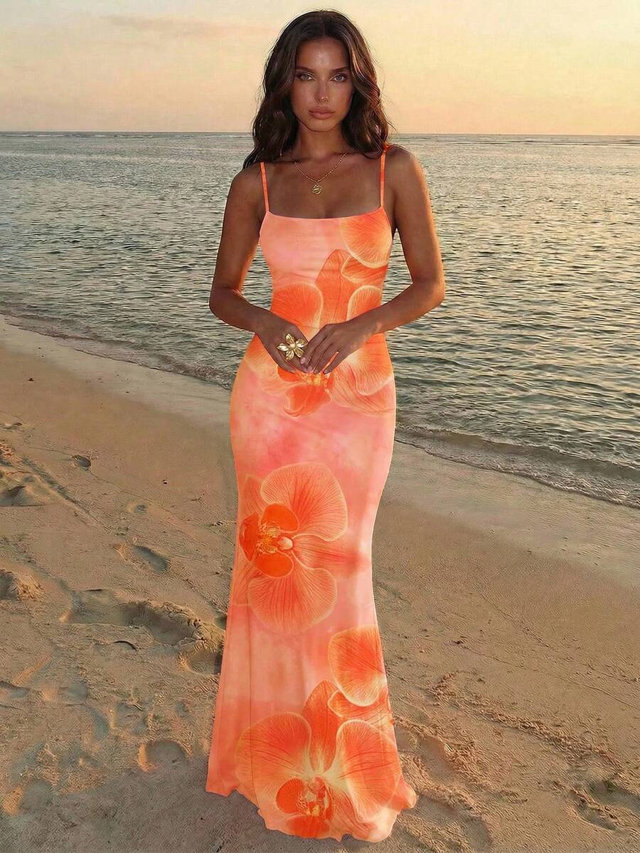 FLORINA - Floral Print Backless Cami Midi Dress