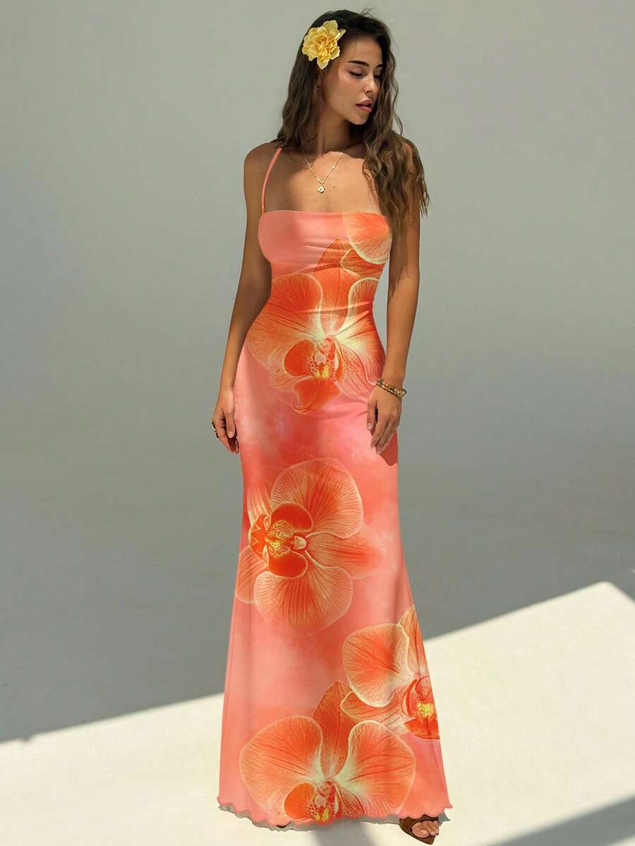 FLORINA - Floral Print Backless Cami Midi Dress