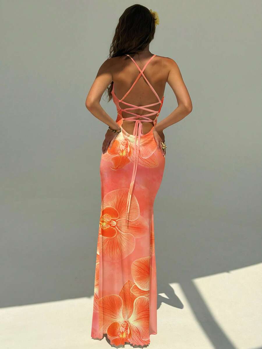 FLORINA - Floral Print Backless Cami Midi Dress