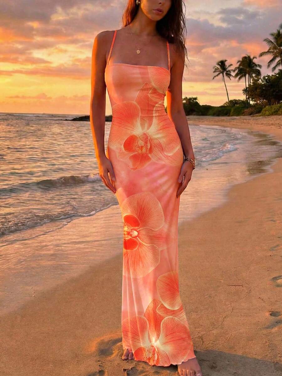 FLORINA - Floral Print Backless Cami Midi Dress