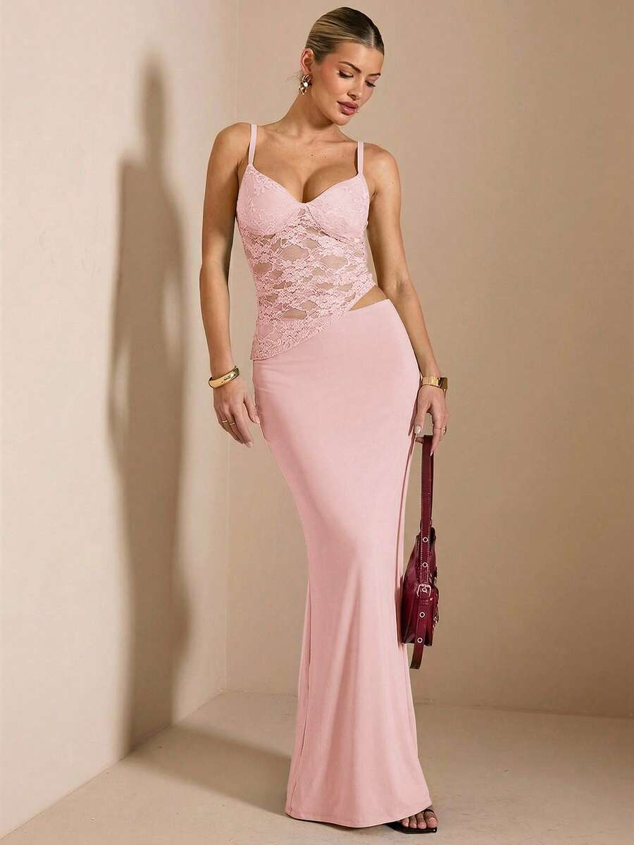 NARILA - Lace Panel Bodycon Maxi Dress Coral Pink