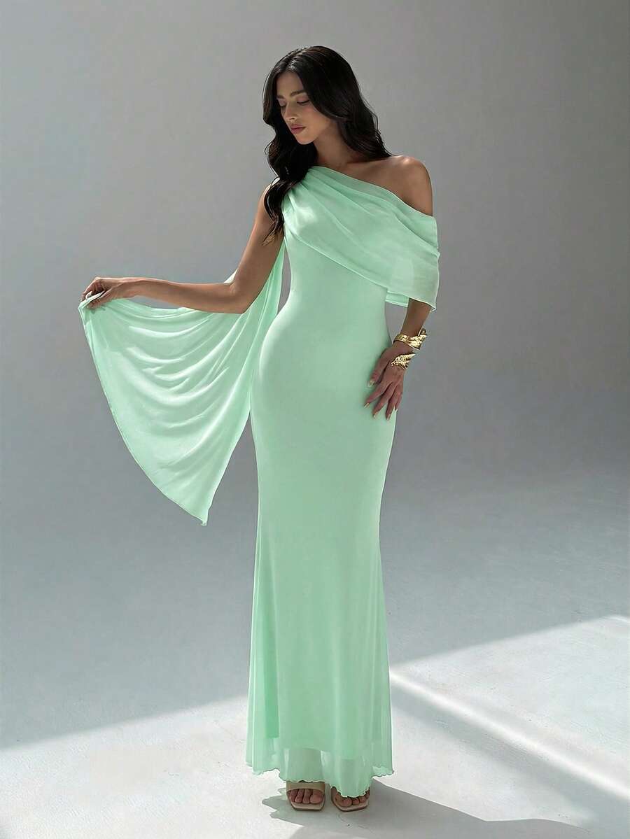 NOIREL - Asymmetric One Shoulder Bodycon Maxi Dress Mint Green