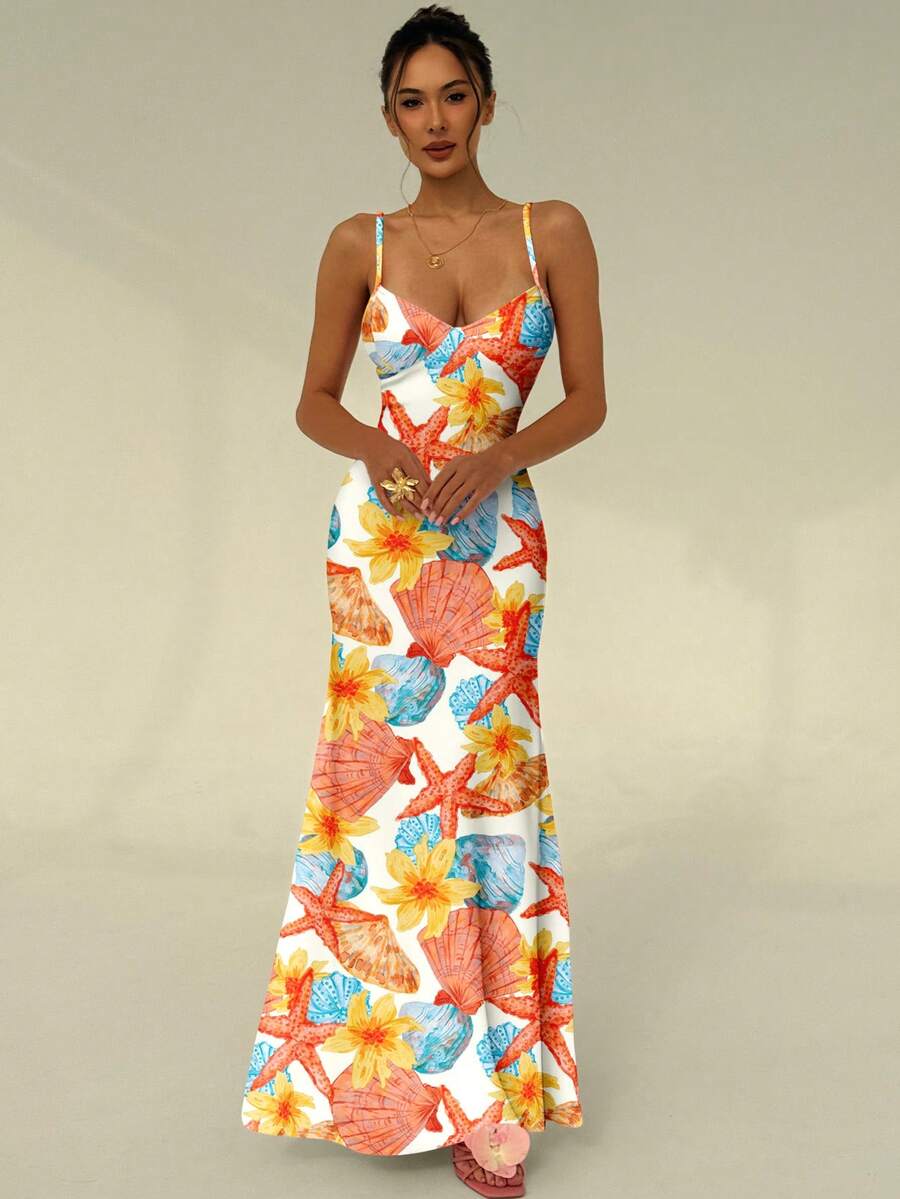 SUNFLARE – Tropical Print Bodycon Maxi Dress