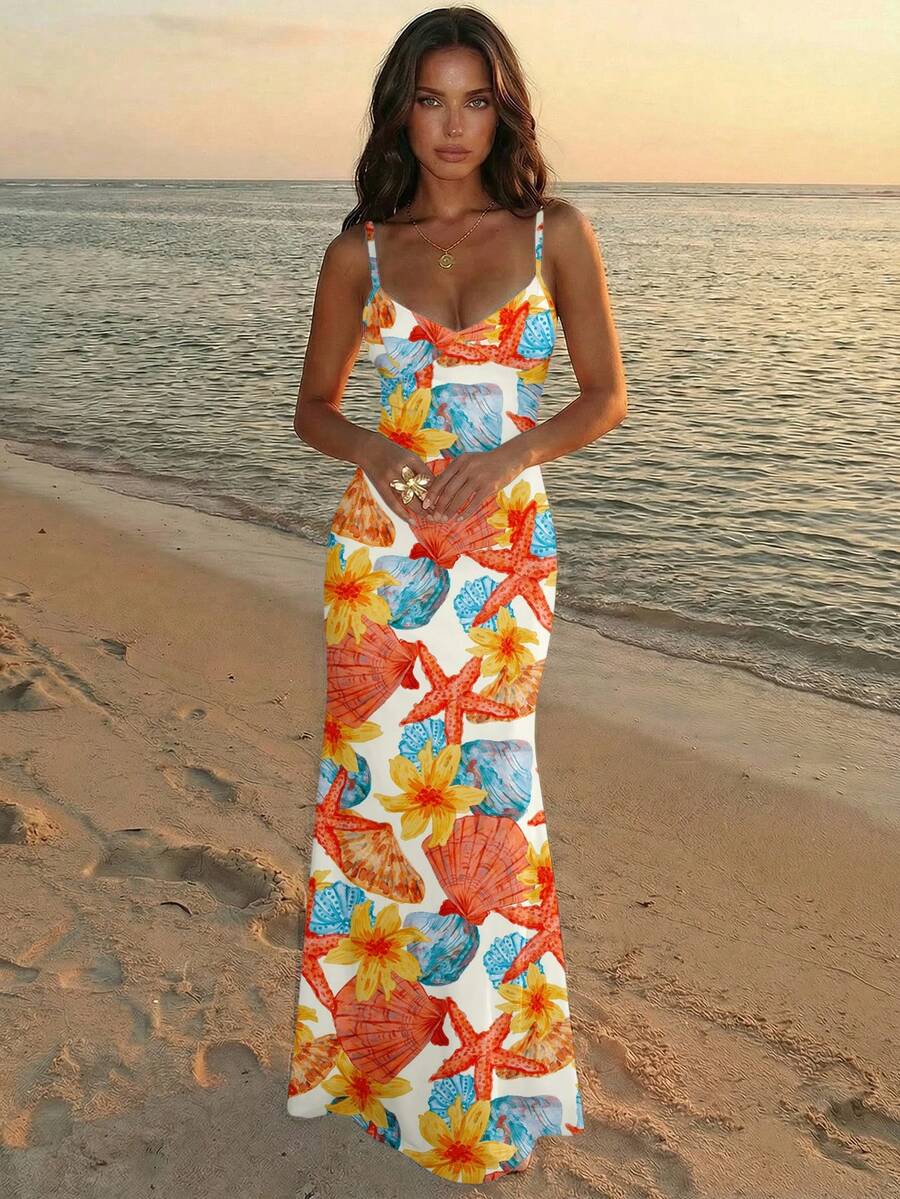 SUNFLARE – Tropical Print Bodycon Maxi Dress