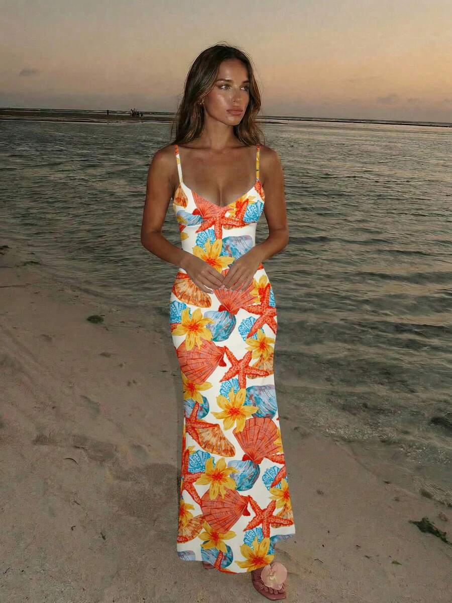 SUNFLARE – Tropical Print Bodycon Maxi Dress