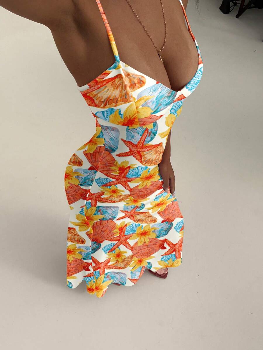 SUNFLARE – Tropical Print Bodycon Maxi Dress