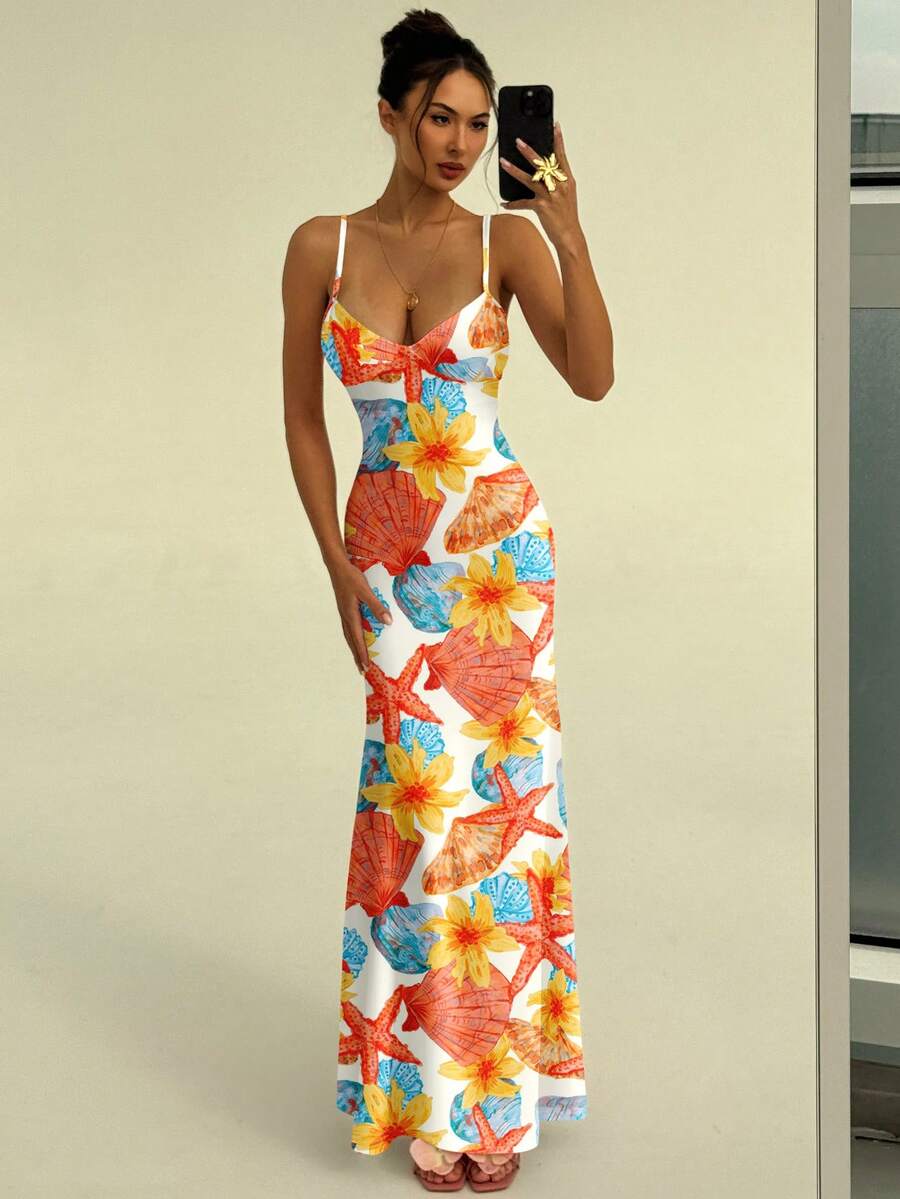 SUNFLARE – Tropical Print Bodycon Maxi Dress