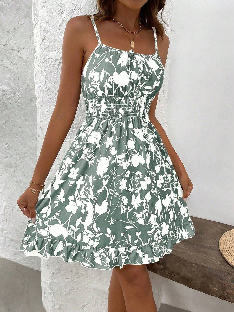 LUNIRA - Spaghetti Strap Flounce Hem Mini Dress