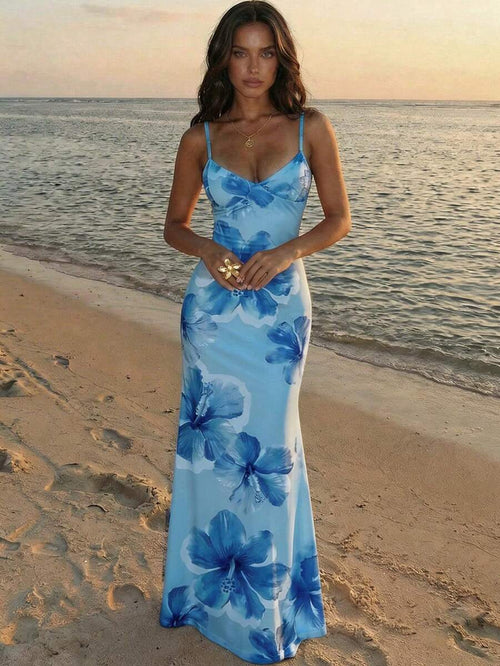 AZURA - Printed Cami Bodycon Maxi Dress Blue