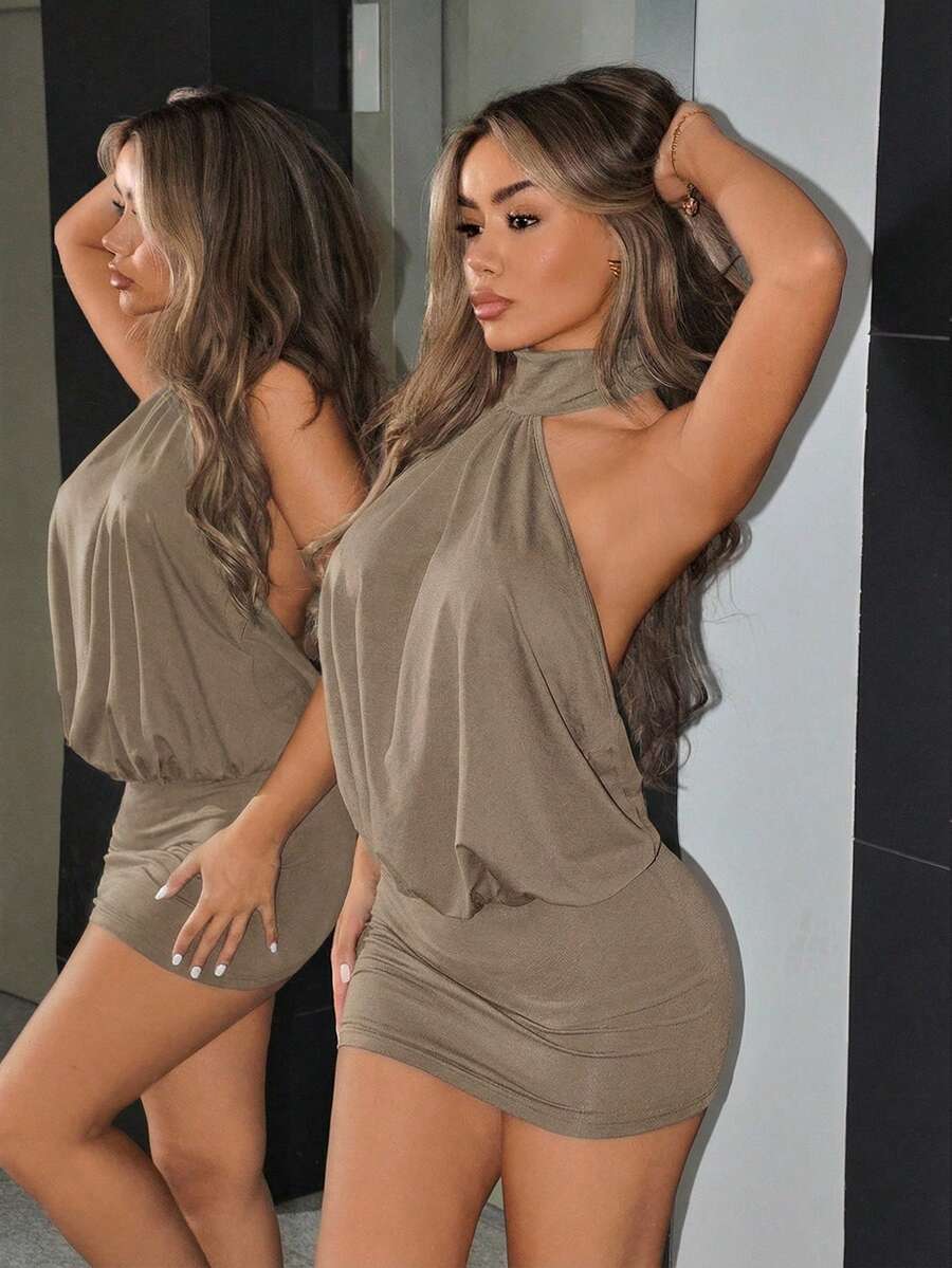 NOMA - High Neck Backless Bodycon Mini Dress Khaki