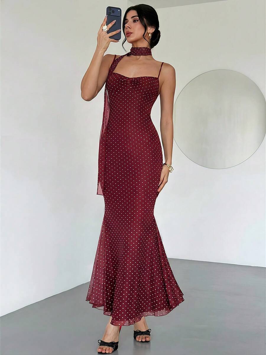 VOLA -Polka Dot Fishtail Maxi Dress