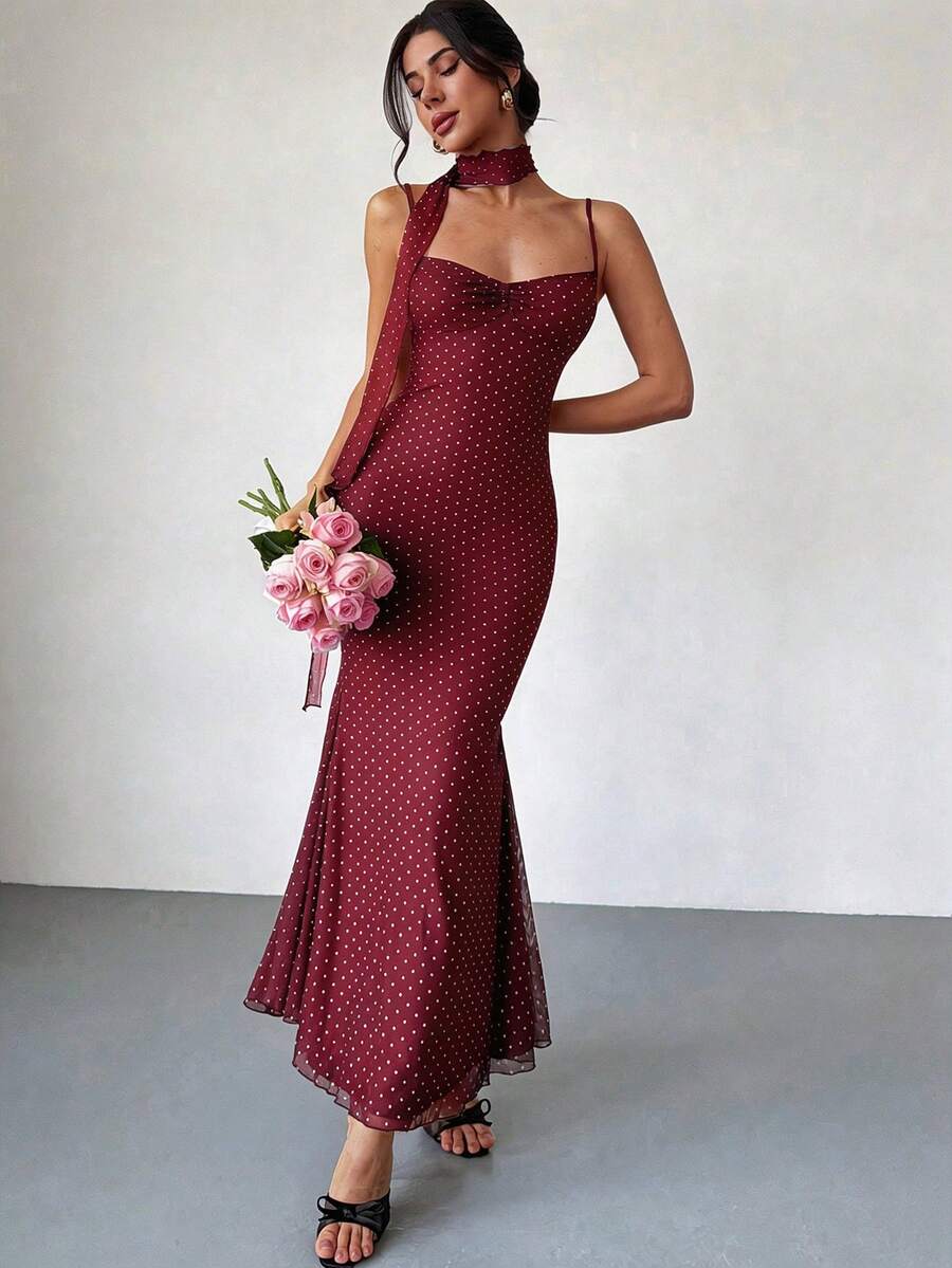 VOLA -Polka Dot Fishtail Maxi Dress