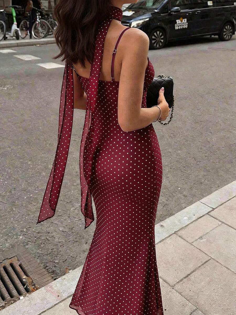 VOLA -Polka Dot Fishtail Maxi Dress