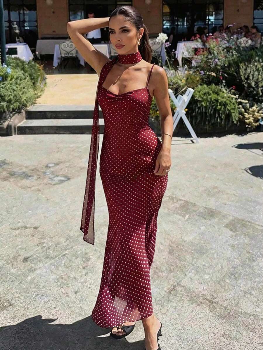 VOLA -Polka Dot Fishtail Maxi Dress Burgundy