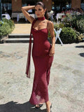 VOLA -Polka Dot Fishtail Maxi Dress Burgundy
