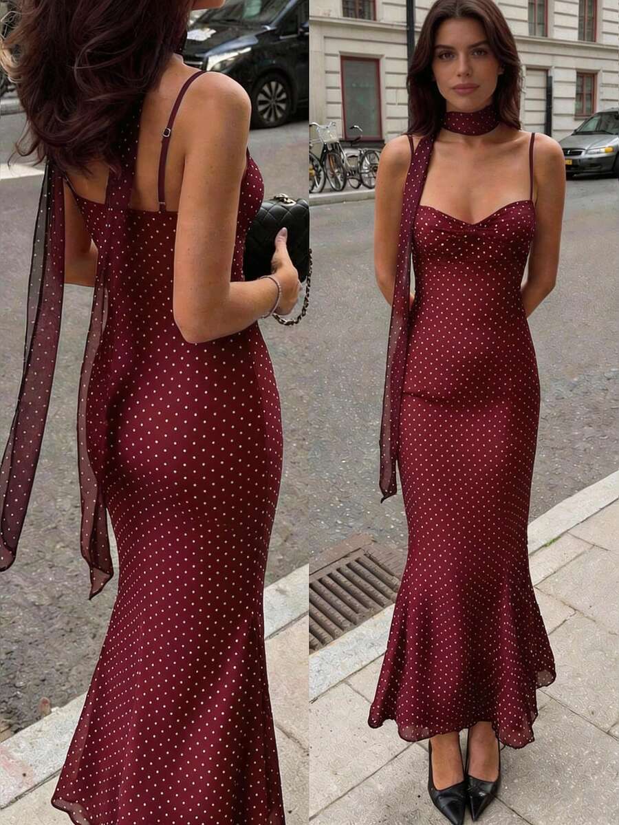VOLA -Polka Dot Fishtail Maxi Dress