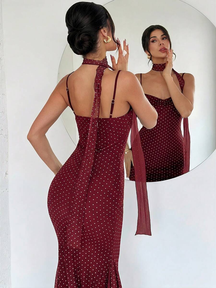 VOLA -Polka Dot Fishtail Maxi Dress