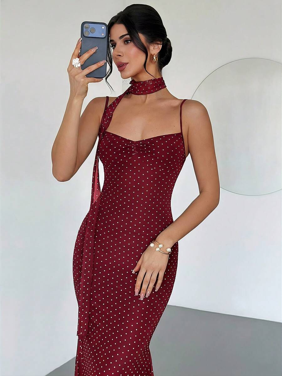 VOLA -Polka Dot Fishtail Maxi Dress