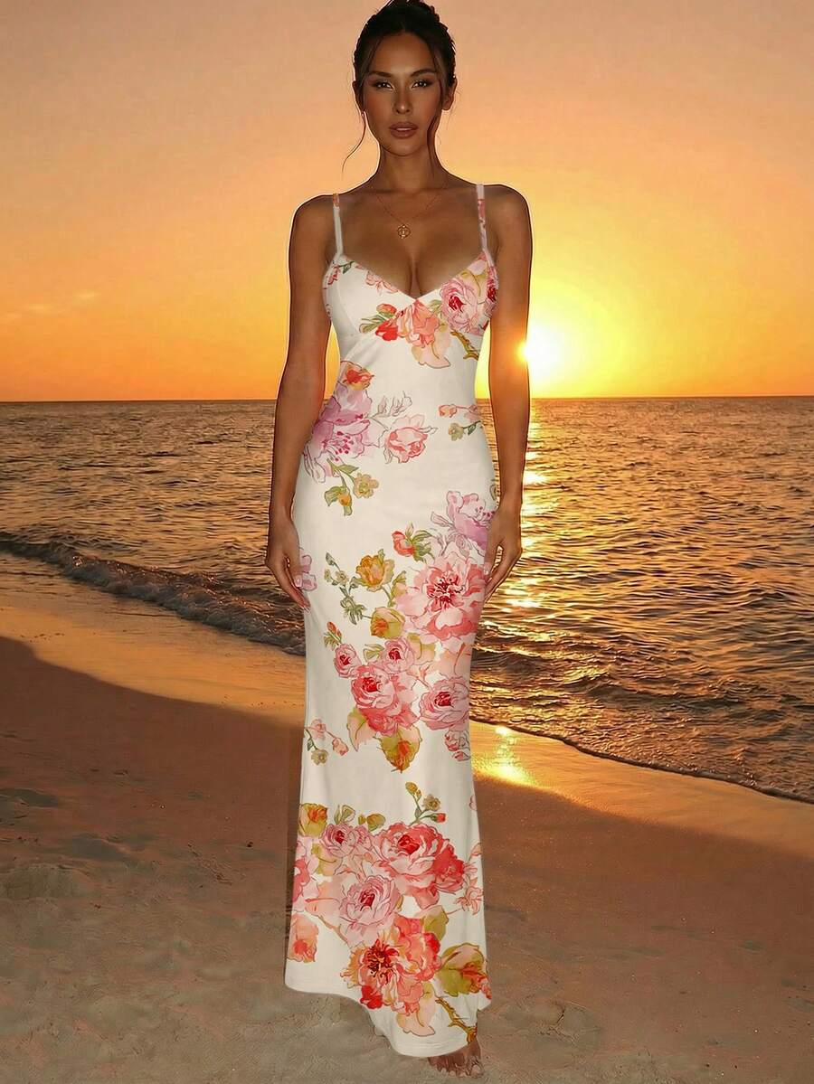 SUNFLARE – Tropical Print Bodycon Maxi Dress