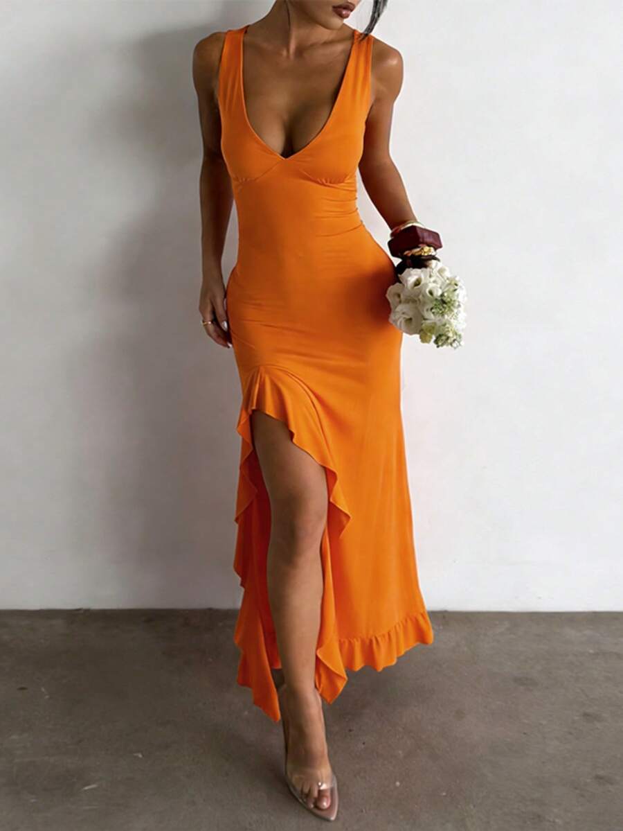 ROSÉVA – Asymmetrical Ruffle Hem V-Neck Maxi Dress