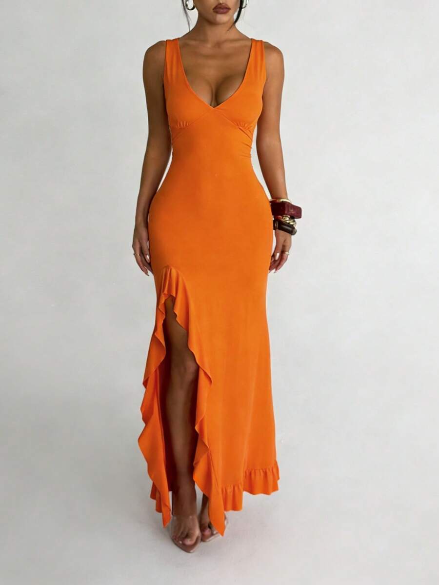 ROUGÉA – Asymmetrical V-Neck Backless Maxi Dress Orange