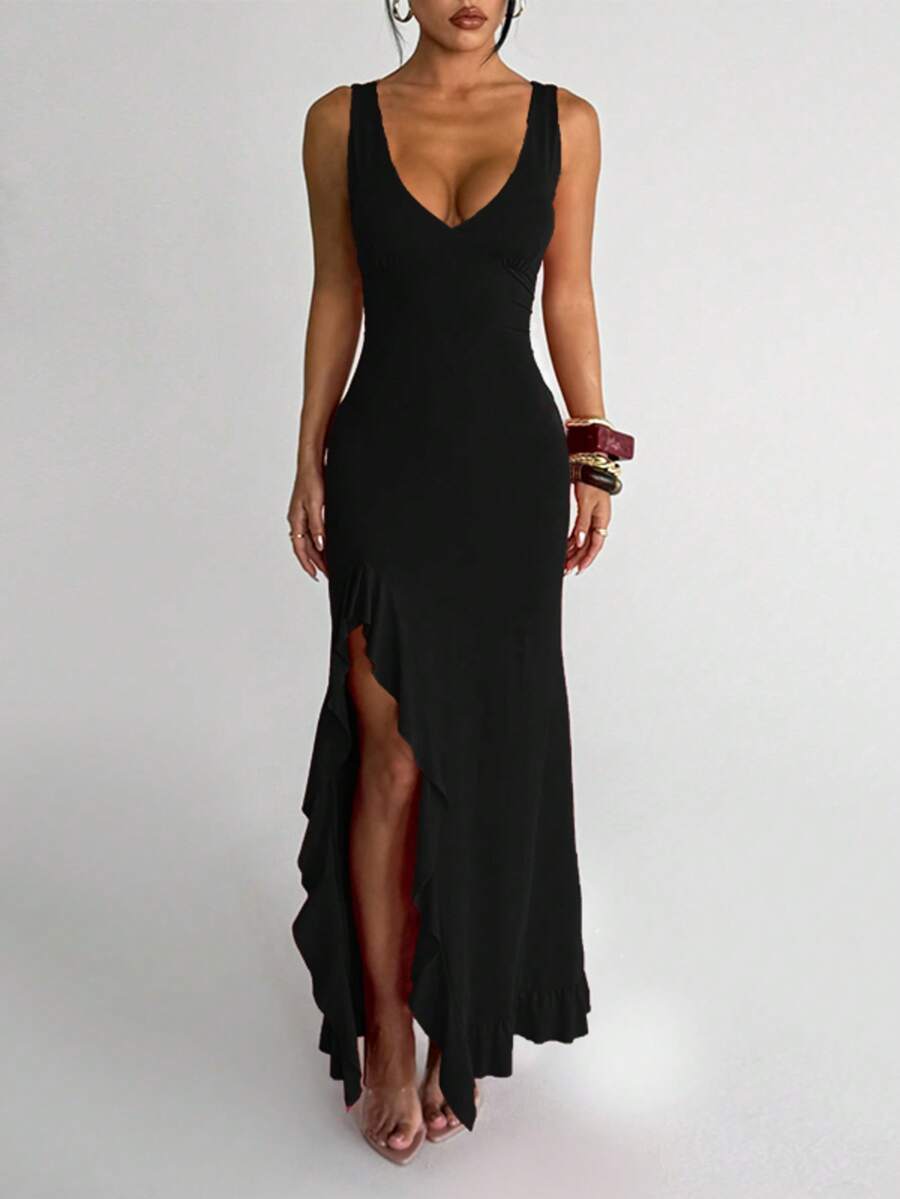 ROSÉVA – Asymmetrical Ruffle Hem V-Neck Maxi Dress Black