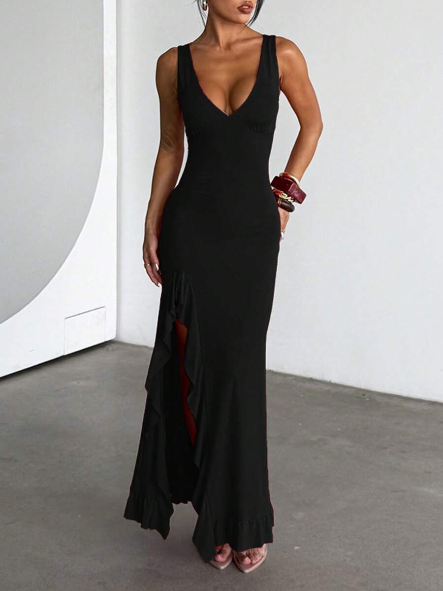 ROSÉVA – Asymmetrical Ruffle Hem V-Neck Maxi Dress
