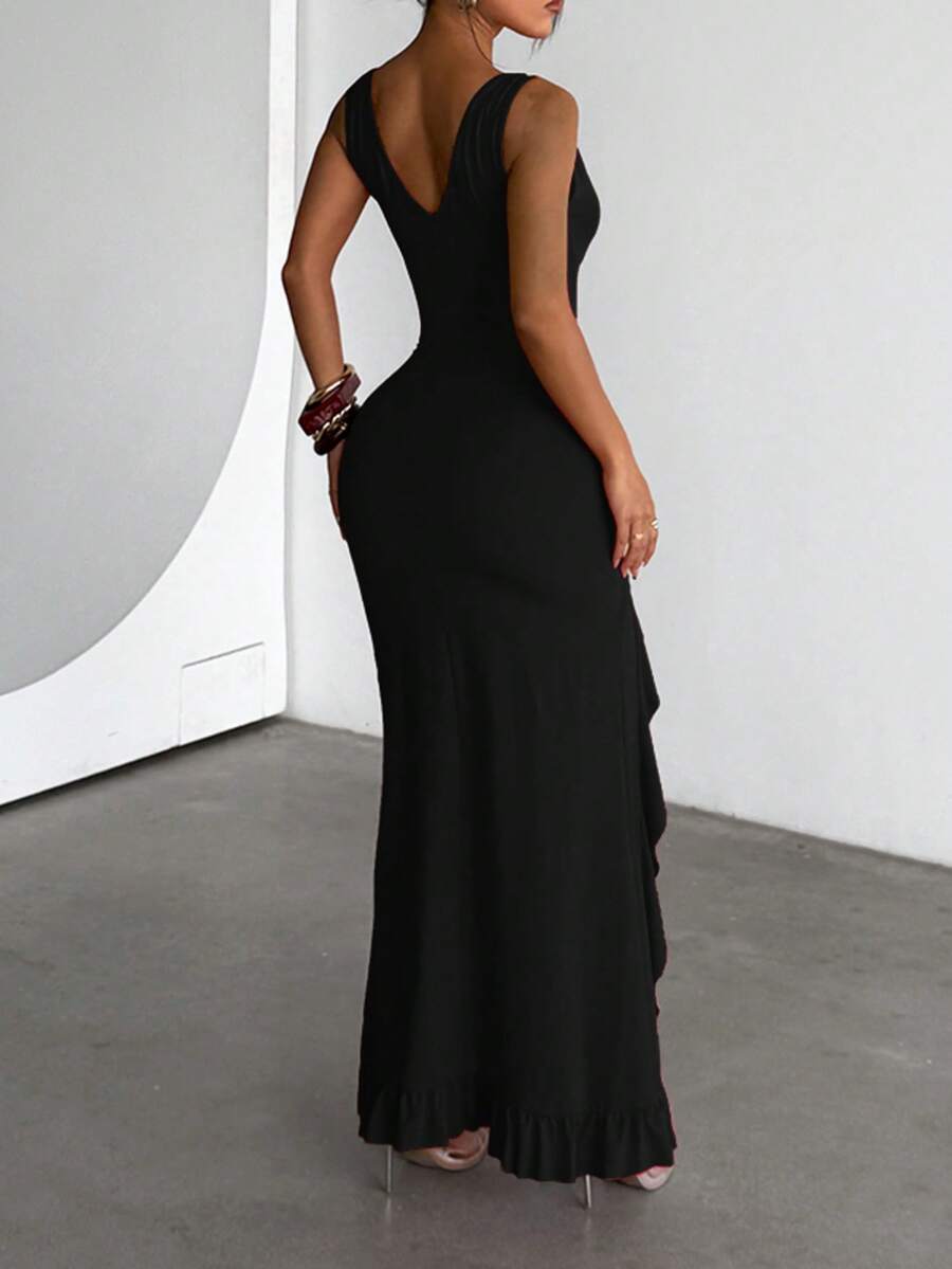 ROUGÉA – Asymmetrical V-Neck Backless Maxi Dress