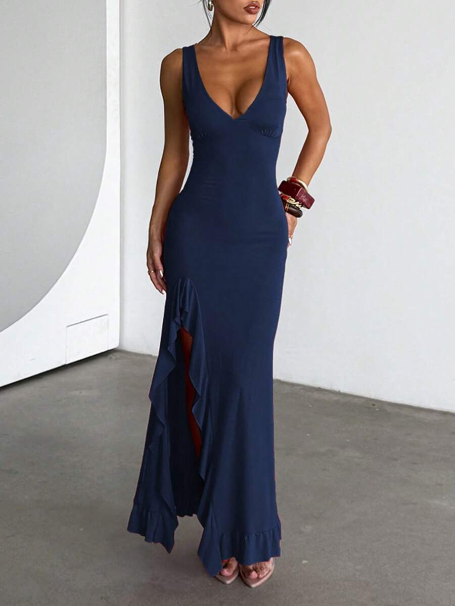ROUGÉA – Asymmetrical V-Neck Backless Maxi Dress