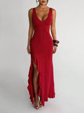 ROUGÉA – Asymmetrical V-Neck Backless Maxi Dress Red