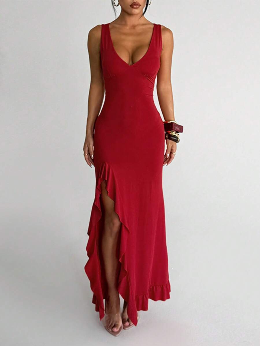 ROUGÉA – Asymmetrical V-Neck Backless Maxi Dress Red