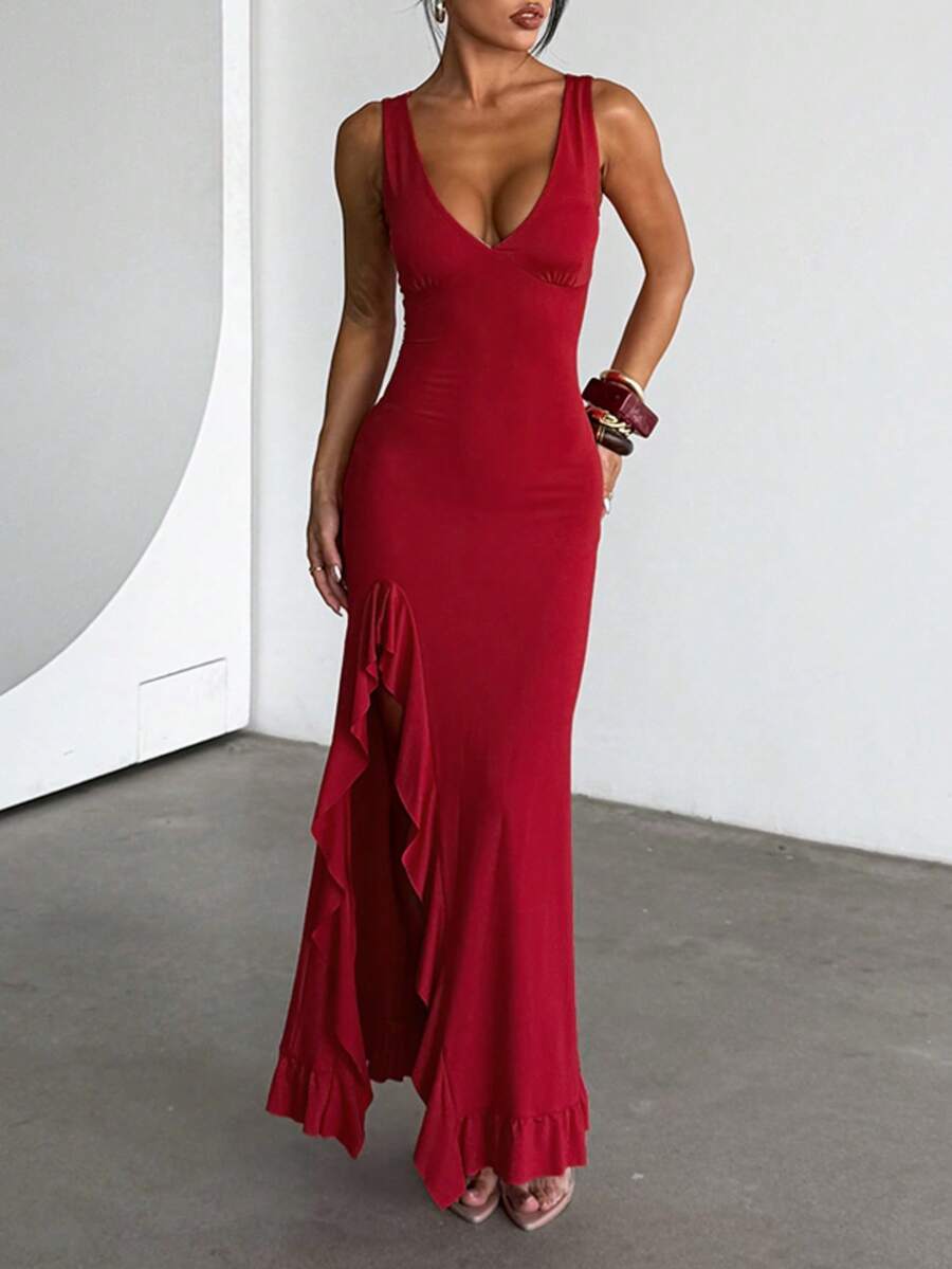 ROUGÉA – Asymmetrical V-Neck Backless Maxi Dress