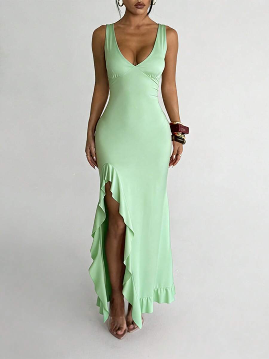 ROUGÉA – Asymmetrical V-Neck Backless Maxi Dress Green