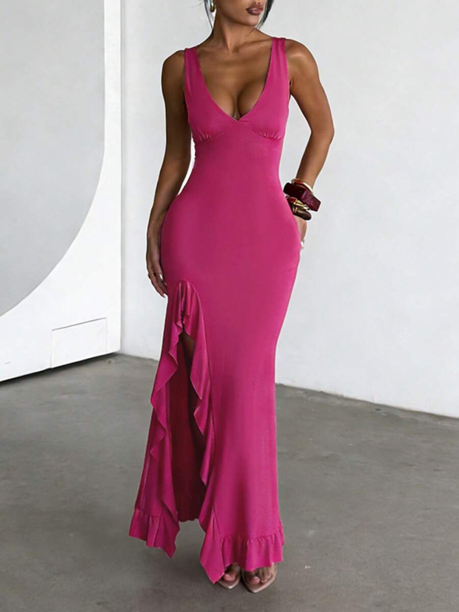 ROSÉVA – Asymmetrical Ruffle Hem V-Neck Maxi Dress