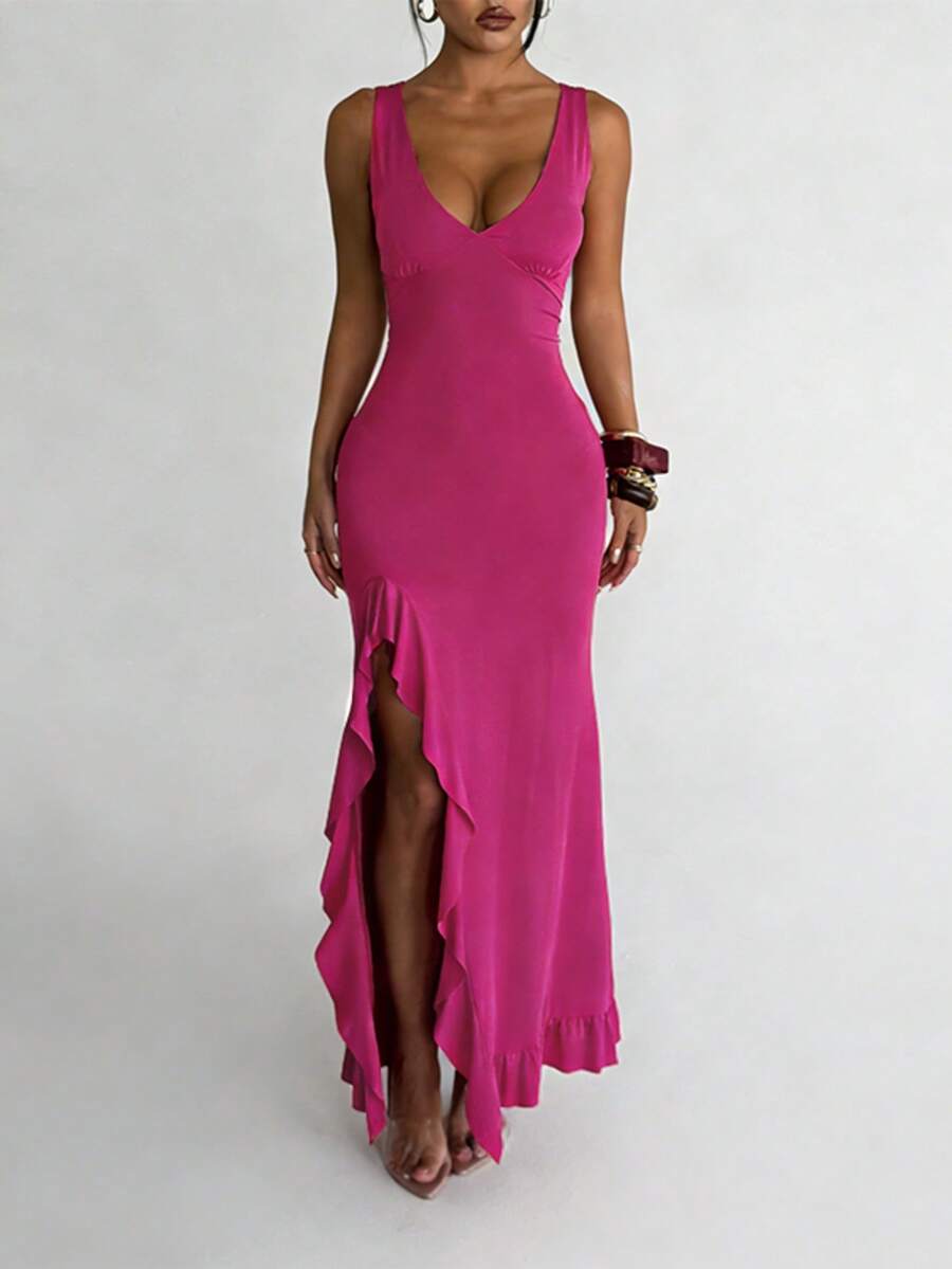 ROUGÉA – Asymmetrical V-Neck Backless Maxi Dress Hot Pink