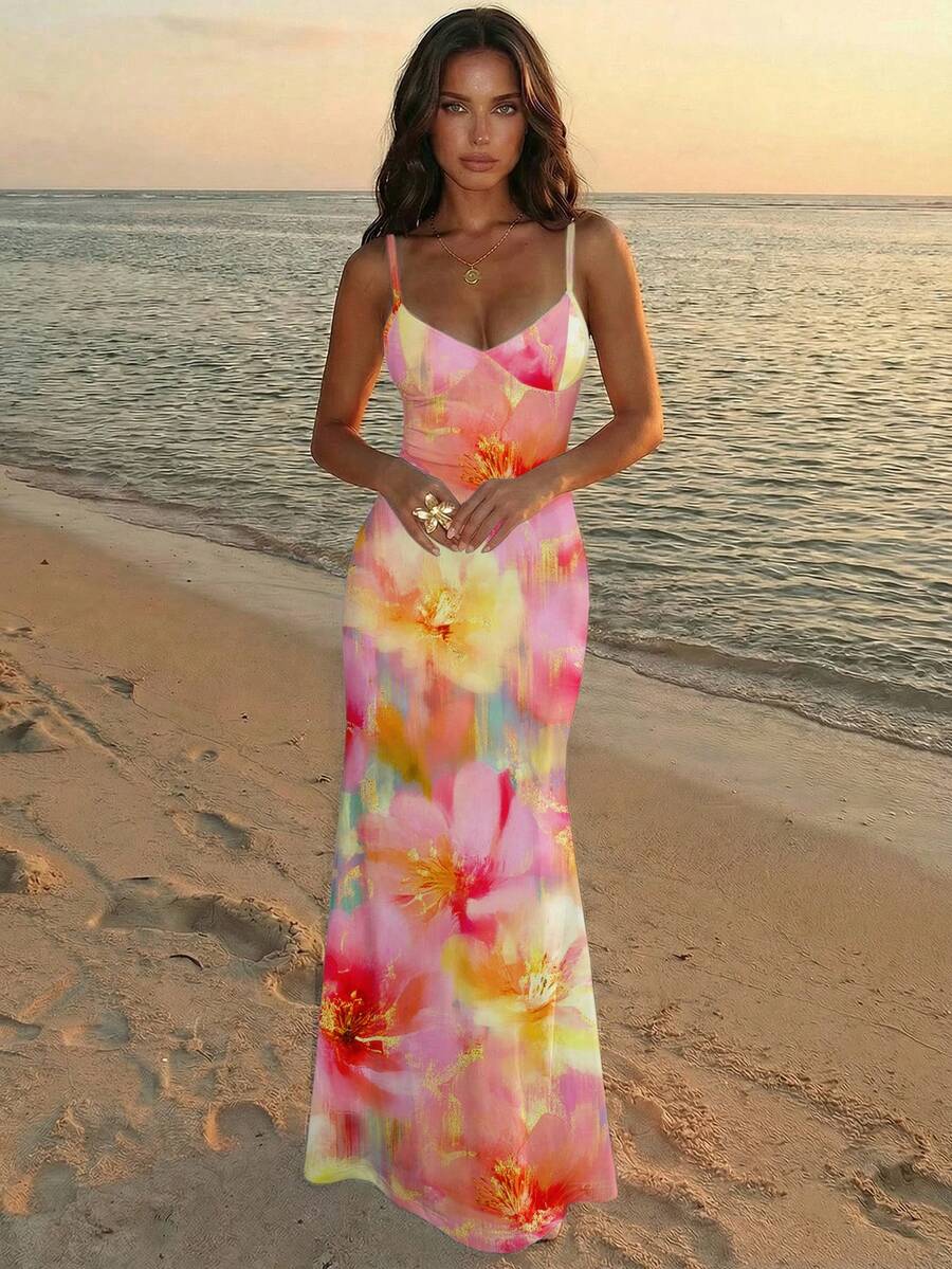 SUNFLARE – Tropical Print Bodycon Maxi Dress