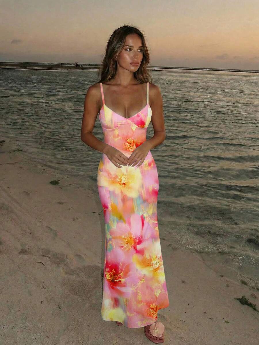 SUNFLARE – Tropical Print Bodycon Maxi Dress