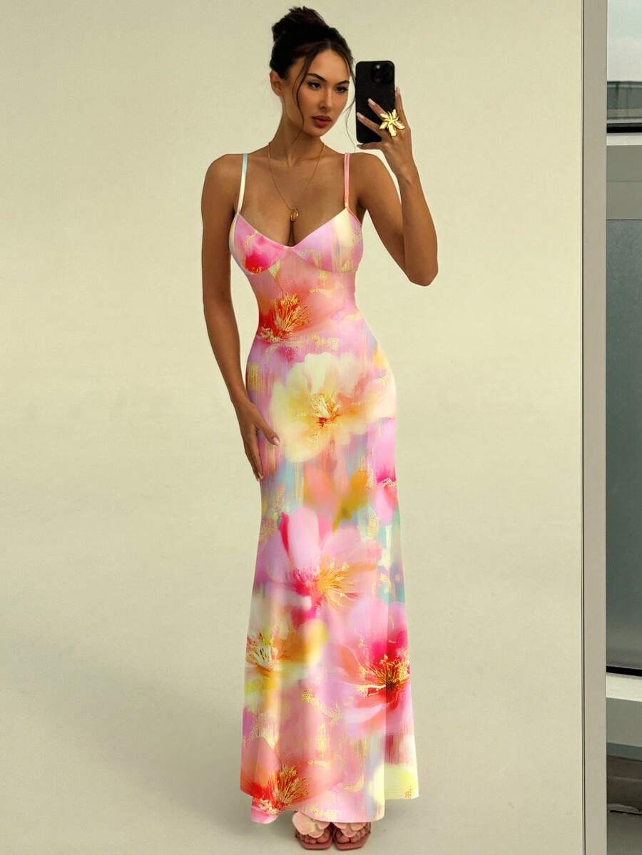 SUNFLARE – Tropical Print Bodycon Maxi Dress