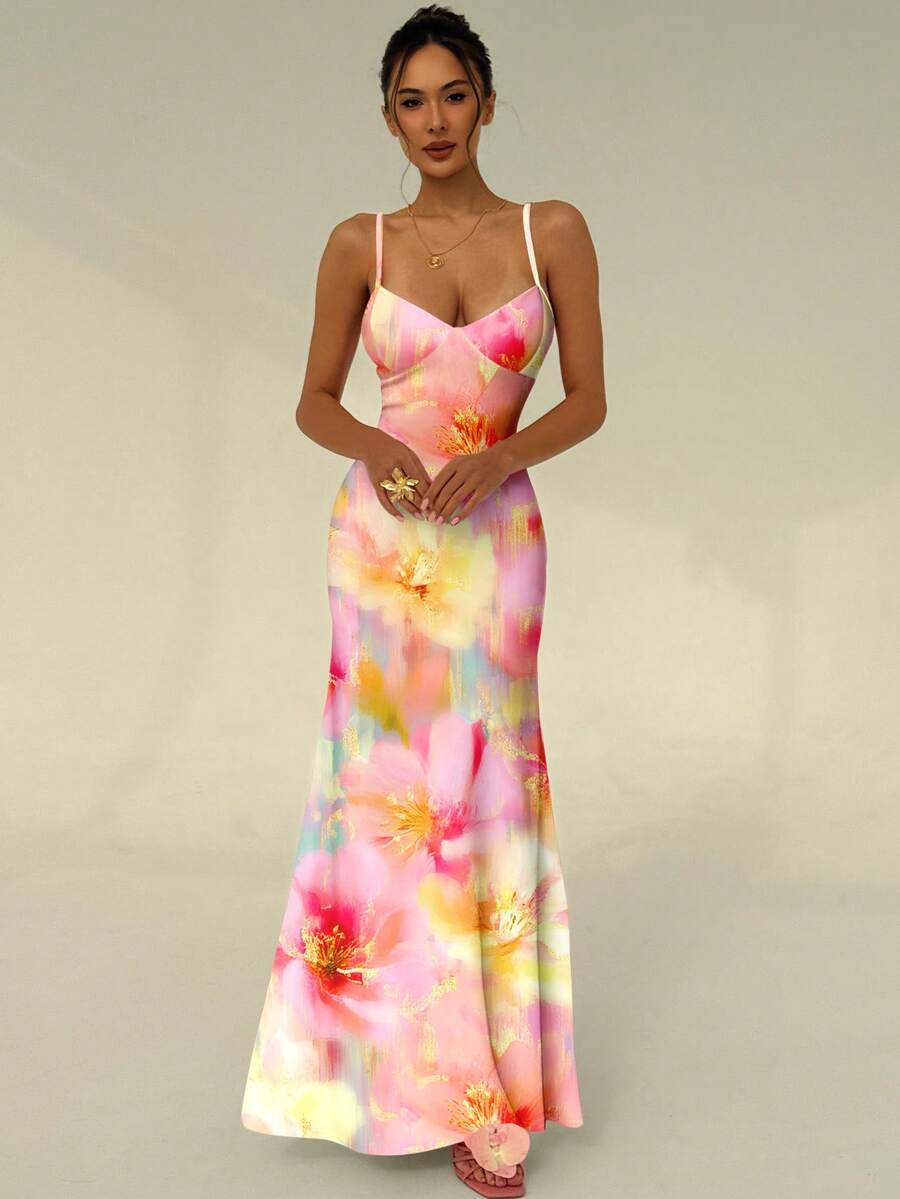SUNFLARE – Tropical Print Bodycon Maxi Dress
