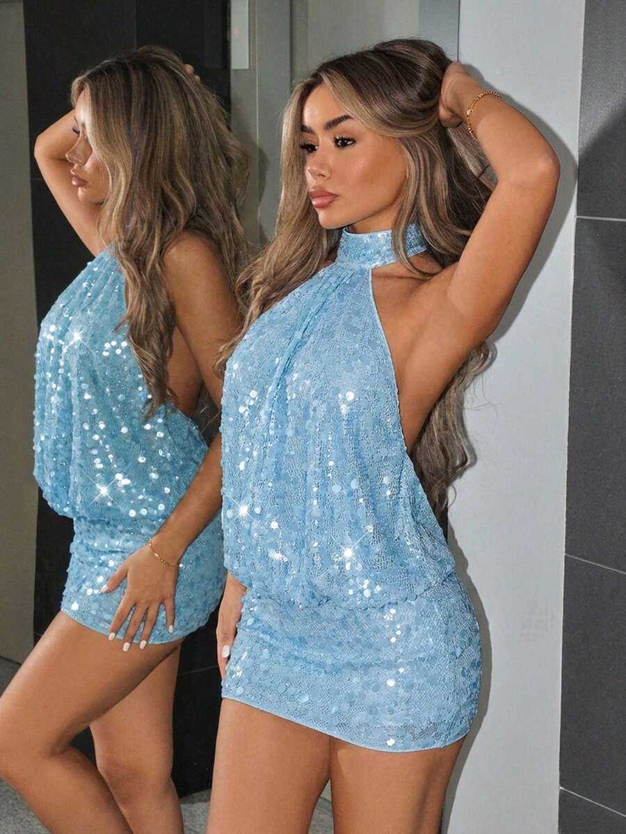NOMA - High Neck Backless Bodycon Mini Dress Blue